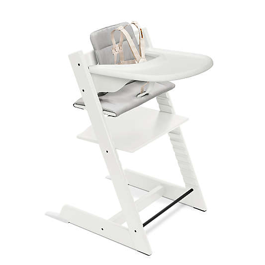 Stokke Tripp Trapp Complete White Wood Baby High Chair with Grey Cushion and White Stokke Tray