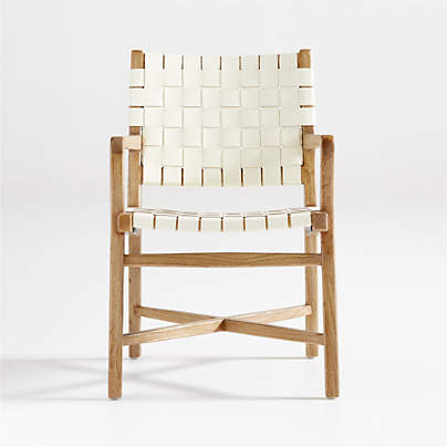 Taj White Woven Leather Dining Chair with Arms