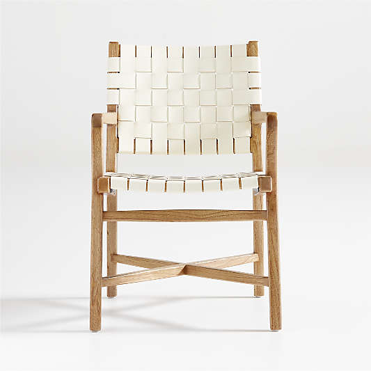 Taj White Woven Leather Dining Chair with Arms