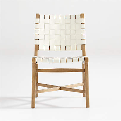 Taj White Woven Leather Dining Chair, Leather Wood Dining Chairs