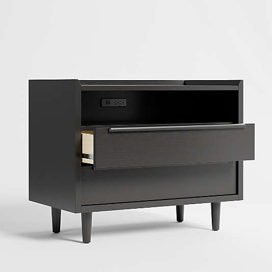 Tate Black 2-Drawer Mid-Century Nightstand with Power Outlets