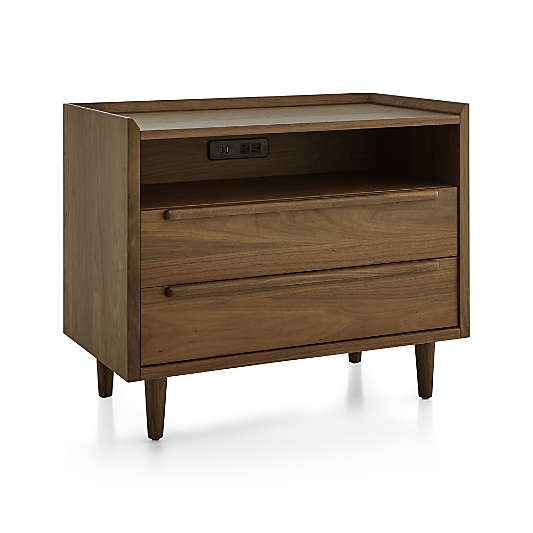 Tate Walnut 2-Drawer Midcentury Charging Nightstand