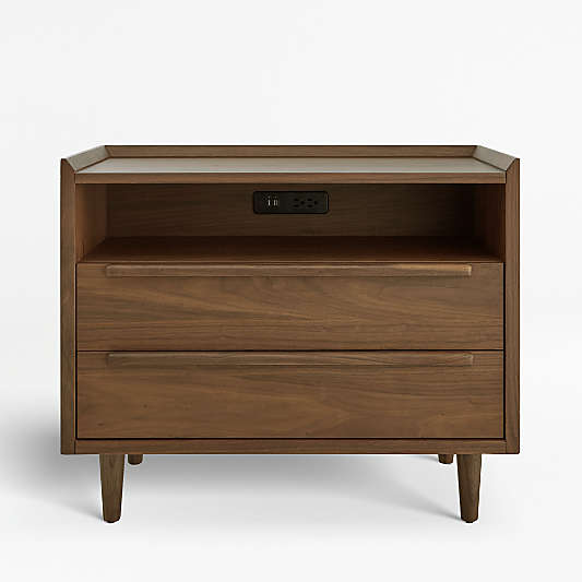 Tate Walnut 2-Drawer Midcentury Charging Nightstand