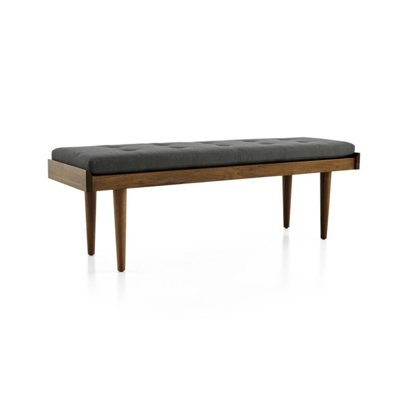 Tate Walnut Slatted Bench with Charcoal Cushion + Reviews | Crate & Barrel