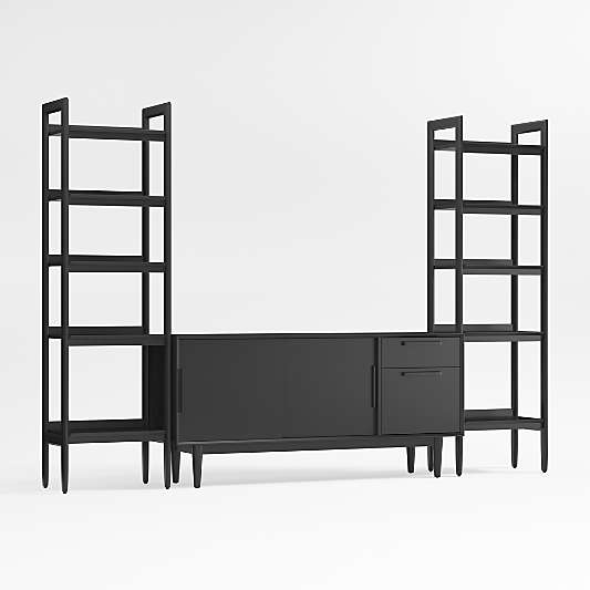 Tate 108.5" Black Wood Storage Media Console and Bookshelf Set