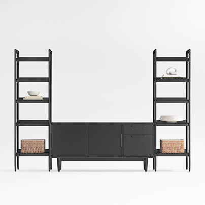 Tate 64.5" Black Wood Media Console with 2 Narrow Bookcases