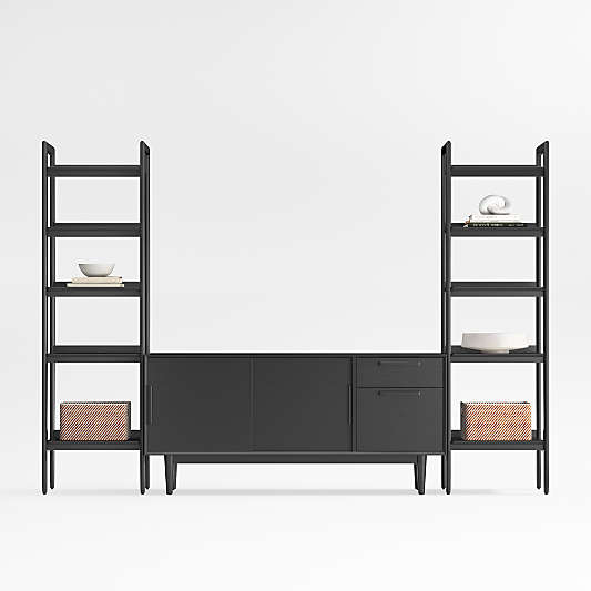 Tate 108.5" Black Wood Storage Media Console and Bookshelf Set