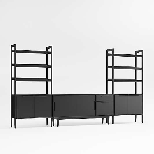 Tate 136.5" Black Wood Storage Media Console and Bookcase Set