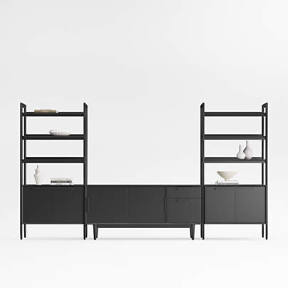 Tate 136.5" Black Wood Storage Media Console and Bookcase Set
