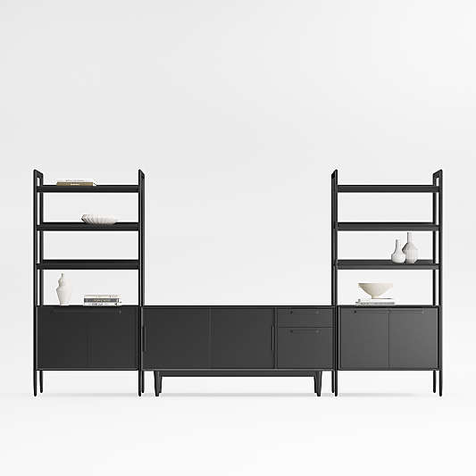 Tate 136.5" Black Wood Storage Media Console and Bookcase Set