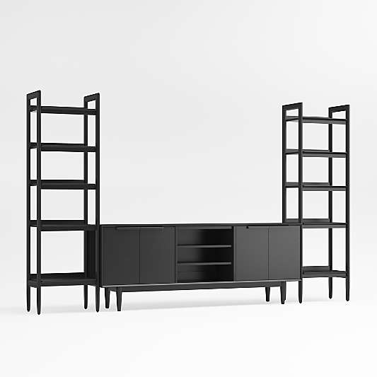 Tate 124" Black Wood Storage Media Console and Bookshelf Set