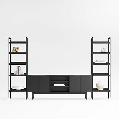 Tate 80" Black Wood Media Console with 2 Narrow Bookcases