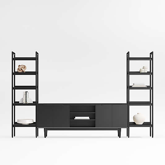 Tate 80" Black Wood Media Console with 2 Narrow Bookcases