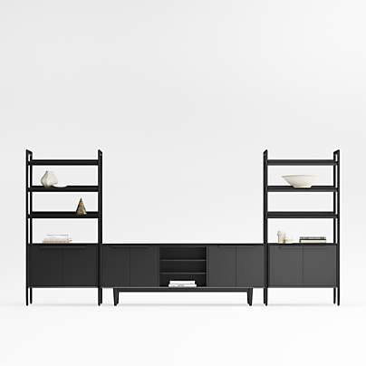 Tate 152" Black Wood Storage Media Console and Bookcase Set