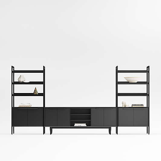 Tate 152" Black Wood Storage Media Console and Bookcase Set