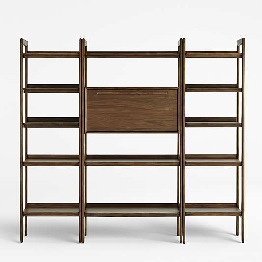 Tate Walnut Bookcase Bar Cabinet with 2 Bookcases