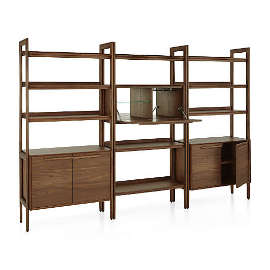Tate 108" Walnut Bookcase Bar Cabinet with 2 Bookcase Cabinets