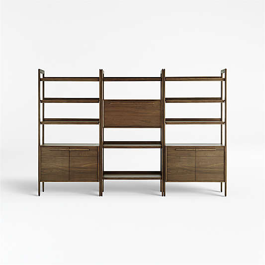 Tate Walnut Bookcase Bar Cabinet with 2 Bookcase Cabinets