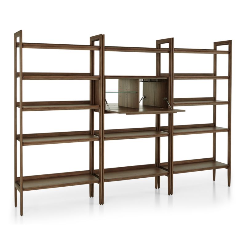 Tate Walnut Bookcase Bar Cabinet with 2 Wide Bookcases