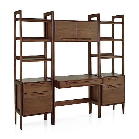 Tate Walnut Bookcase Desk with Outlet with 2 Bookcase File Cabinets.