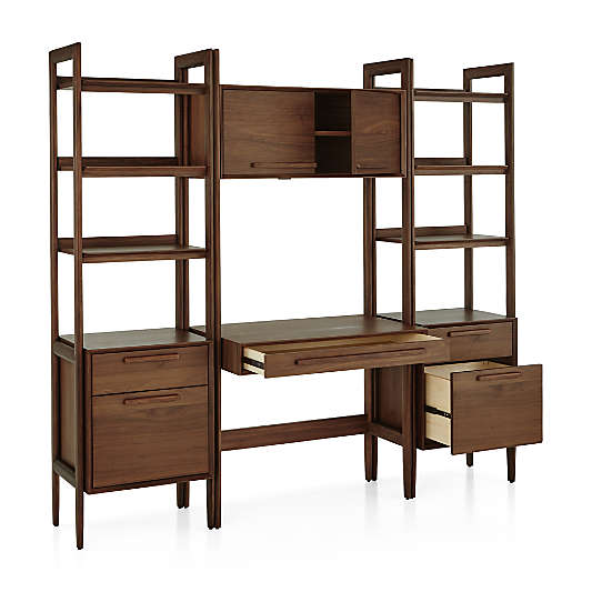 Tate Walnut Bookcase Desk with Outlet with 2 Bookcase File Cabinets.