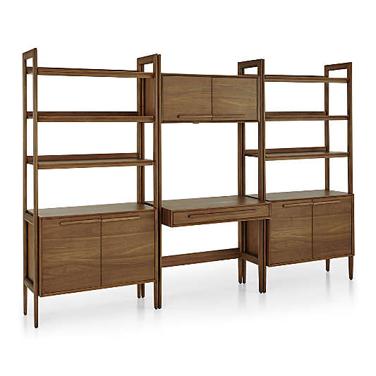 Tate Walnut Bookcase Desk with Outlet with 2 Bookcase Cabinets