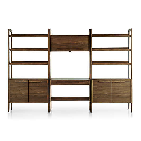 Tate Walnut Bookcase Desk with Outlet with 2 Bookcase Cabinets