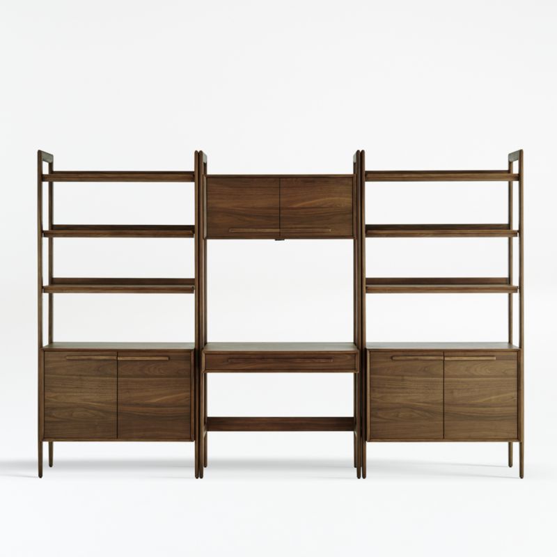 Tate Walnut Bookcase Desk with Outlet with 2 Bookcase Cabinets