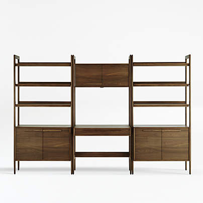 Tate Walnut Bookcase Desk with Outlet with 2 Bookcase Cabinets