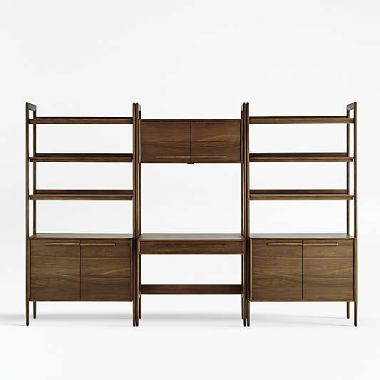 Tate Walnut Bookcase Desk with Outlet with 2 Bookcase Cabinets