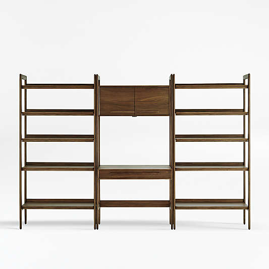 Tate Walnut Bookcase Desk with Outlet with 2 Wide Bookcases