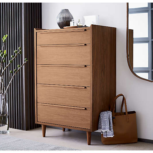 Tate 32" Walnut Wood 5-Drawer Tall Dresser