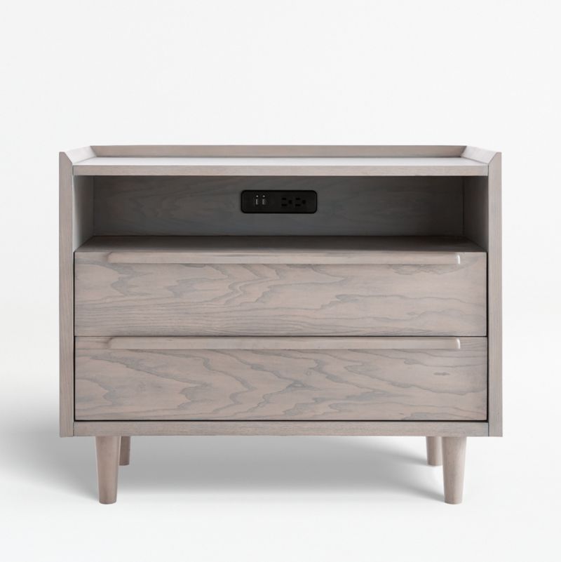 Tate Stone Grey Wood 2-Drawer Mid-Century Charging Nightstand