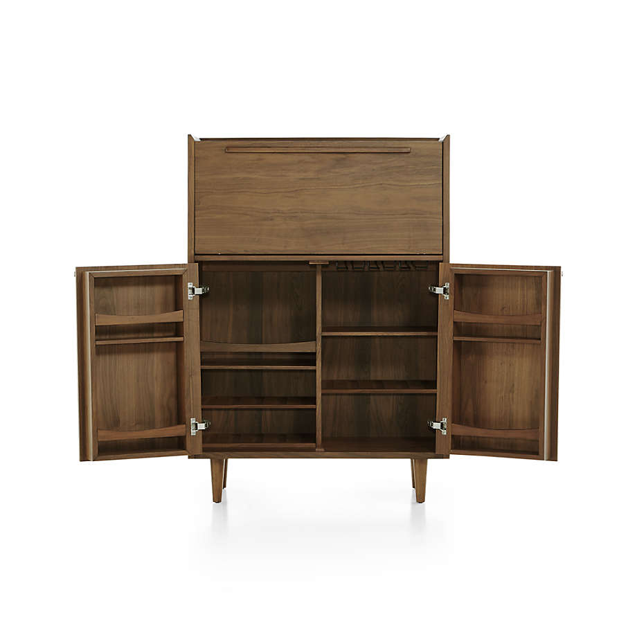 Tate Walnut Lighted Bar Cabinet with Storage + Reviews | Crate & Barrel