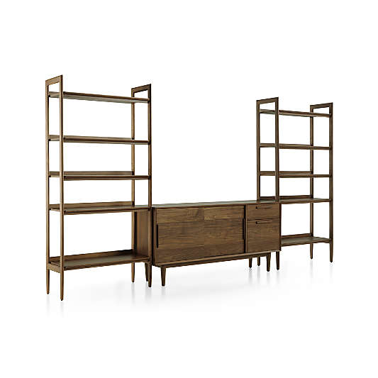 Tate Walnut 64.5" Storage Media Console with 2 Wide Bookcases