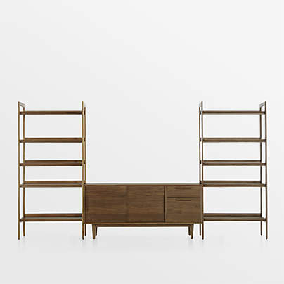 Tate 136.5" Walnut Storage Media Console and Bookshelf Set