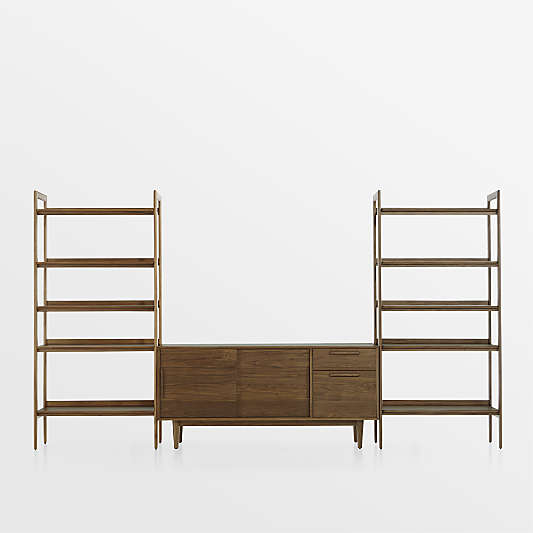 Tate 136.5" Walnut Storage Media Console and Bookshelf Set