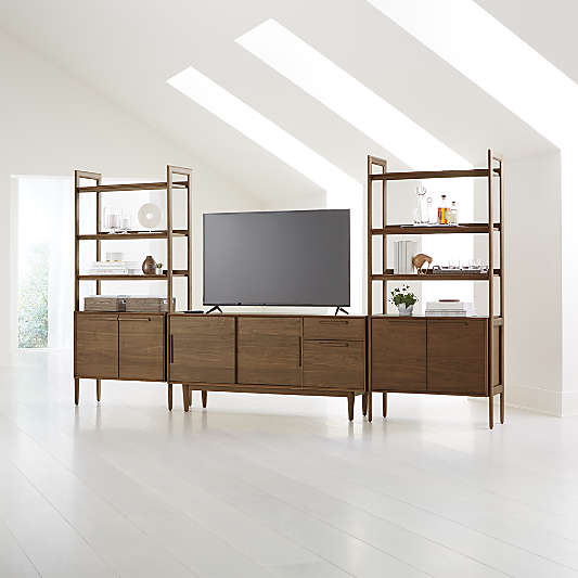 Tate Walnut 64.5" Storage Media Console with 2 Bookcase Cabinets