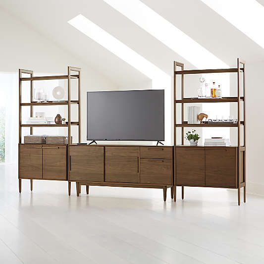 Tate Walnut 64.5" Storage Media Console with 2 Bookcase Cabinets