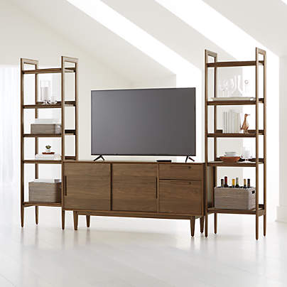 Tate Walnut 64.5" Storage Media Console with 2 Narrow Bookcases