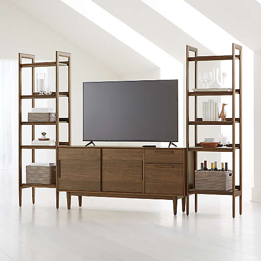 Tate Walnut 64.5" Storage Media Console with 2 Narrow Bookcases