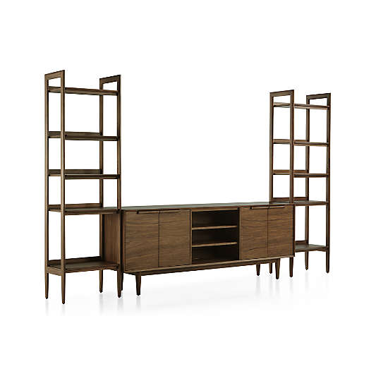 Tate Walnut 80" Storage Media Console with 2 Narrow Bookcases