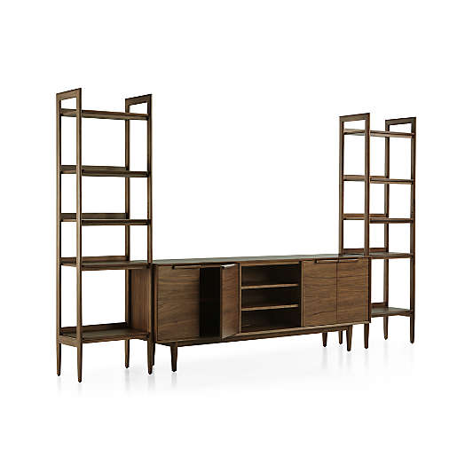 Tate Walnut 80" Storage Media Console with 2 Narrow Bookcases