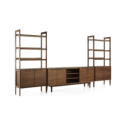 Tate Walnut 80" Storage Media Console with 2 Bookcase Cabinets