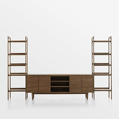 Tate 124" Walnut Storage Media Console and Bookshelf Set