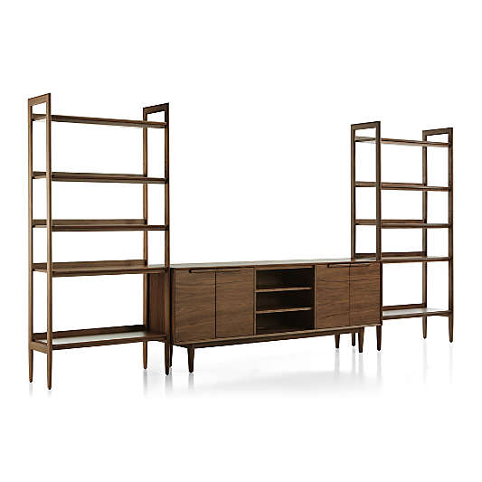 Tate Walnut 80" Storage Media Console with 2 Wide Bookcases