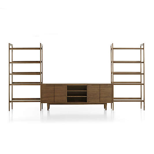 Tate Walnut 80" Storage Media Console with 2 Wide Bookcases