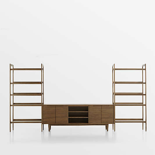 Tate 152" Walnut Storage Media Console and Bookshelf Set