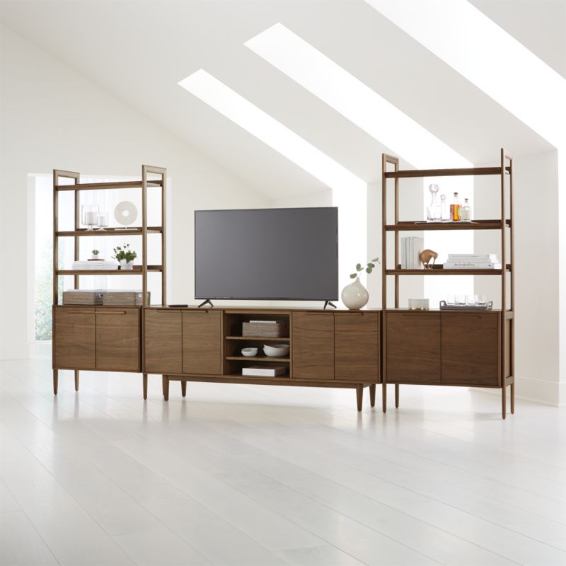 Tate Walnut 80" Storage Media Console with 2 Bookcase Cabinets