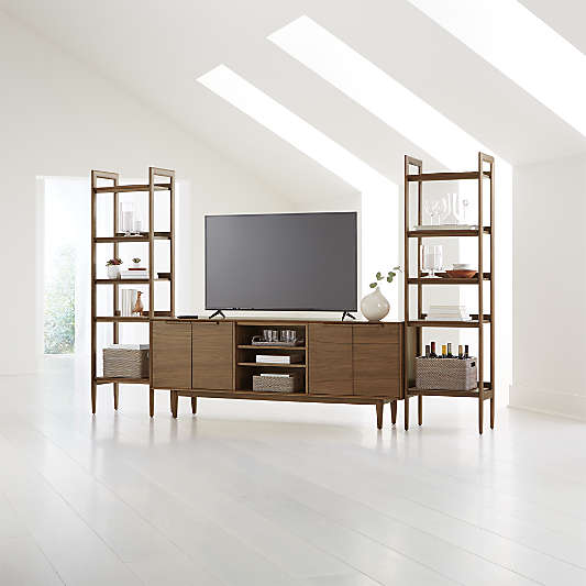 Tate Walnut 80" Storage Media Console with 2 Narrow Bookcases